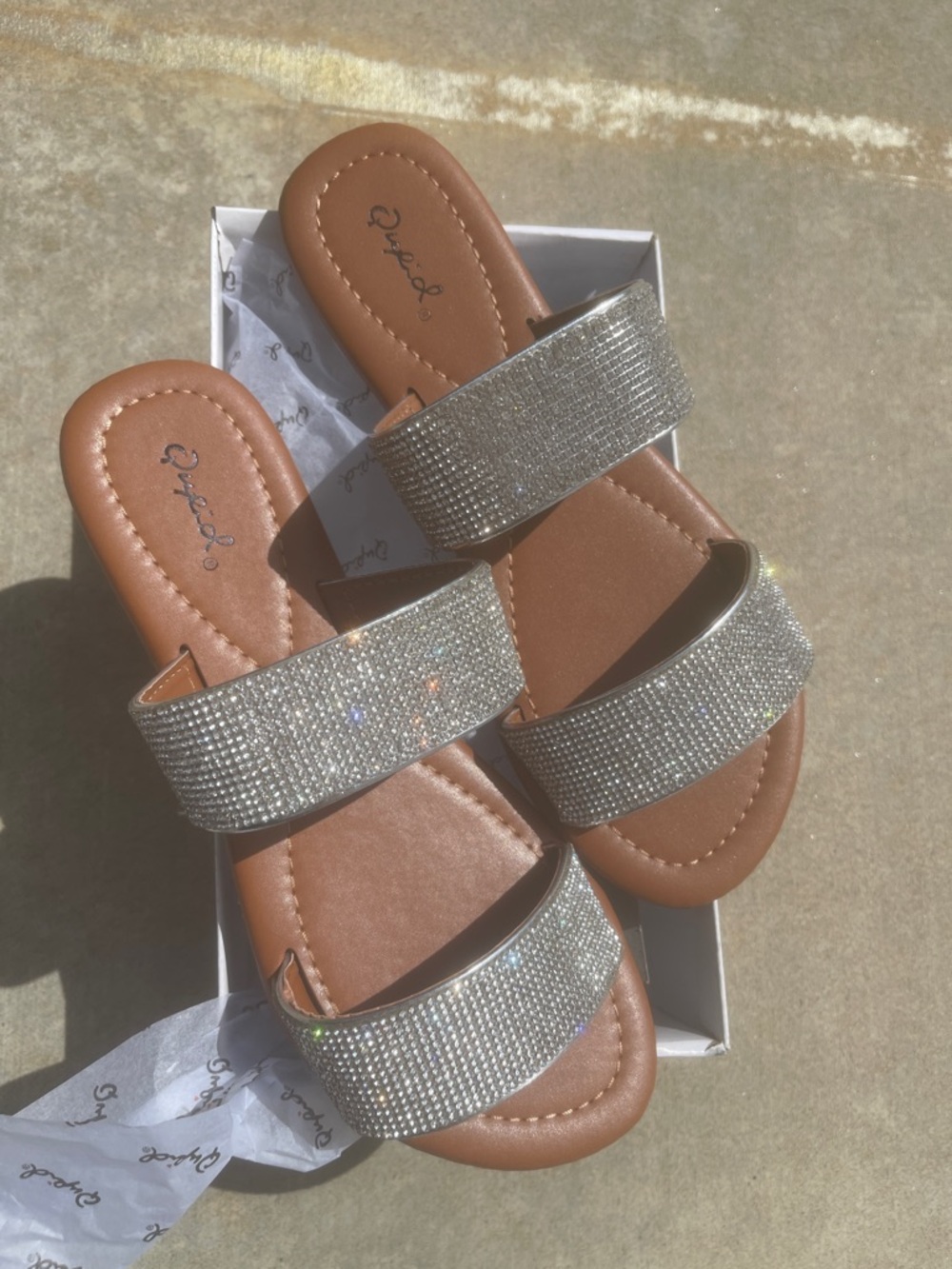 Qupid Beige Slide Sandals with Rhinestone Straps